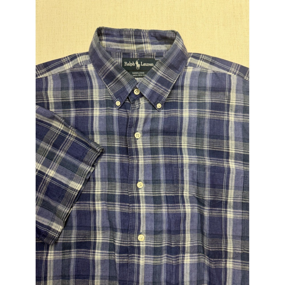Ralph Lauren Marlowe Mens Large Blue Plaid Linen Cotton Short Sleeve Shirt
